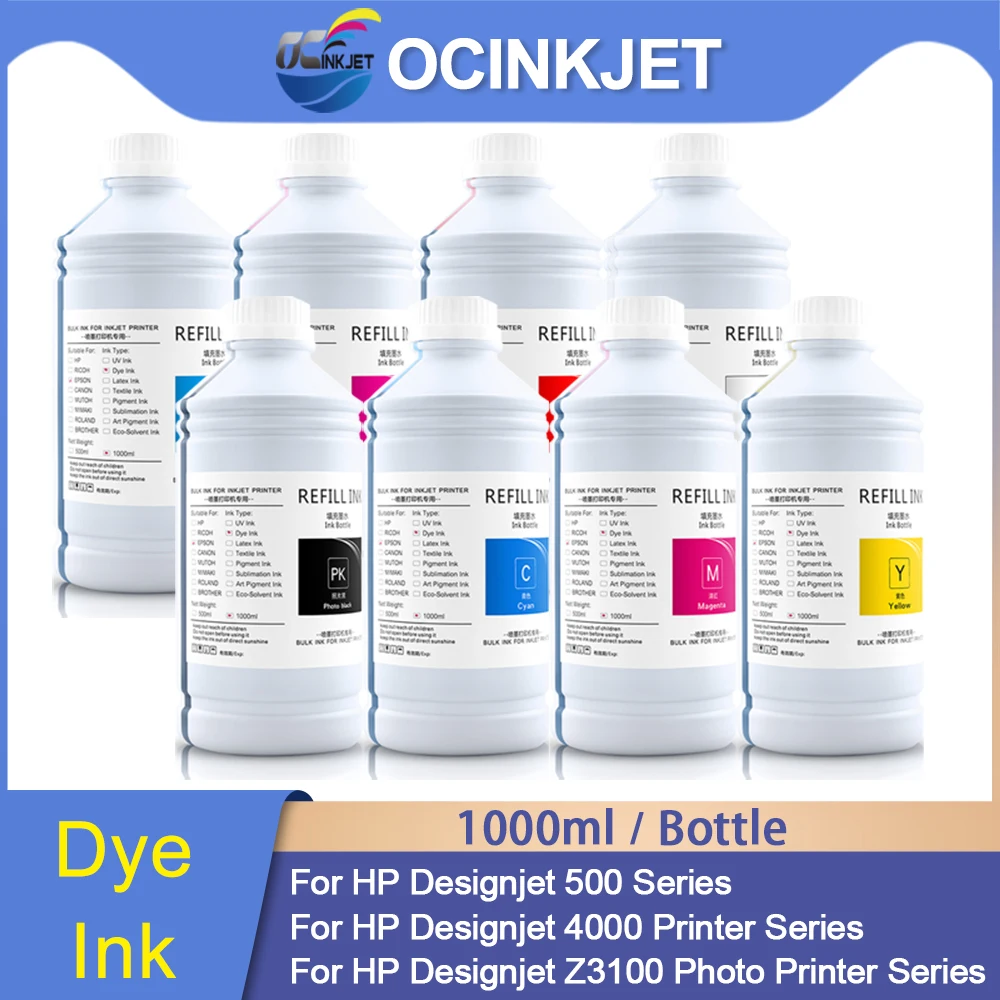 1000Ml Refill Dye Ink All Colors for HP 120 120nr 500 800 T770 T790 T1300 T2300 T1120 Z2100 Z5200 Wide Format Printer