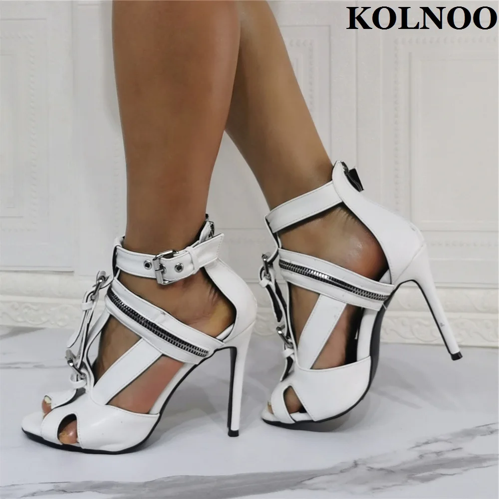 

Kolnoo New Classic Ladies High Heel Sandals Buckle&Zipper Deco Real Photos Summer Party Shoes Evening Club Fashion White Shoes