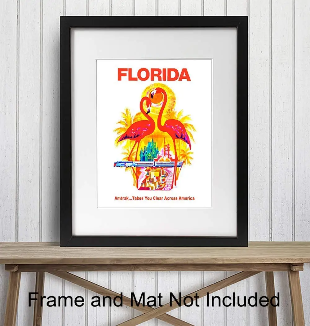 Florida Vintage Travel Poster Art Print, Wall Art Poster Unique Home Decor Great Tropical Gift for Flamingo Lovers