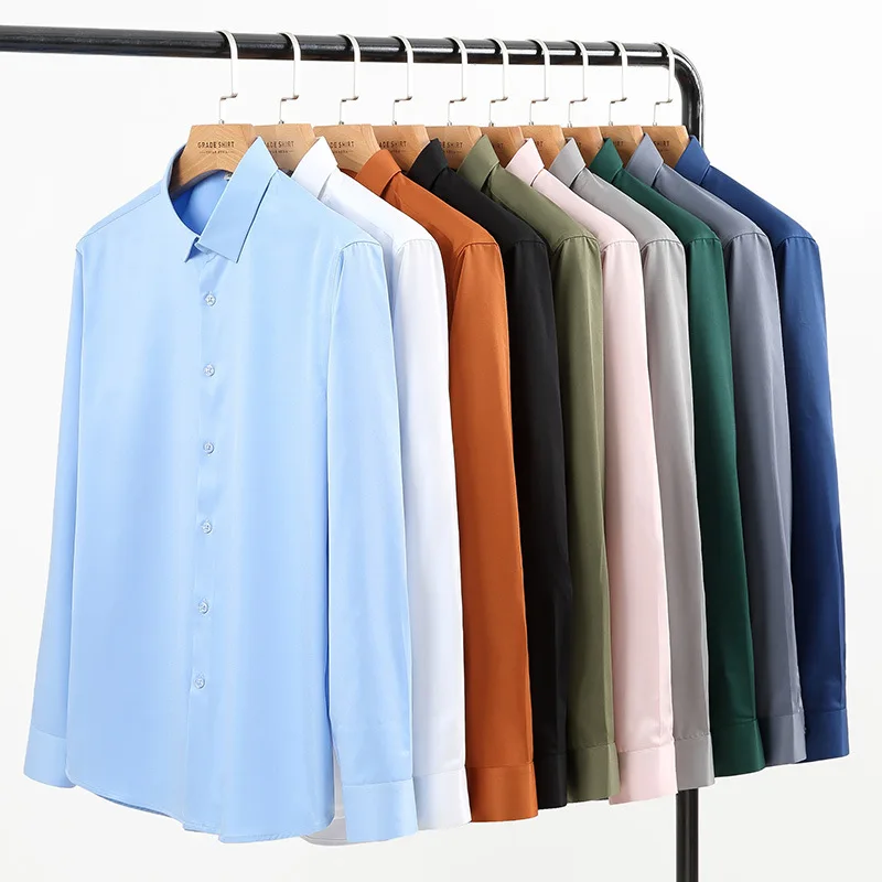 Alta elasticidade suave aconchegante sem bolsos fina camisa de trabalho branco formal de negócios camisa de mangas compridas homens slim fit camisa