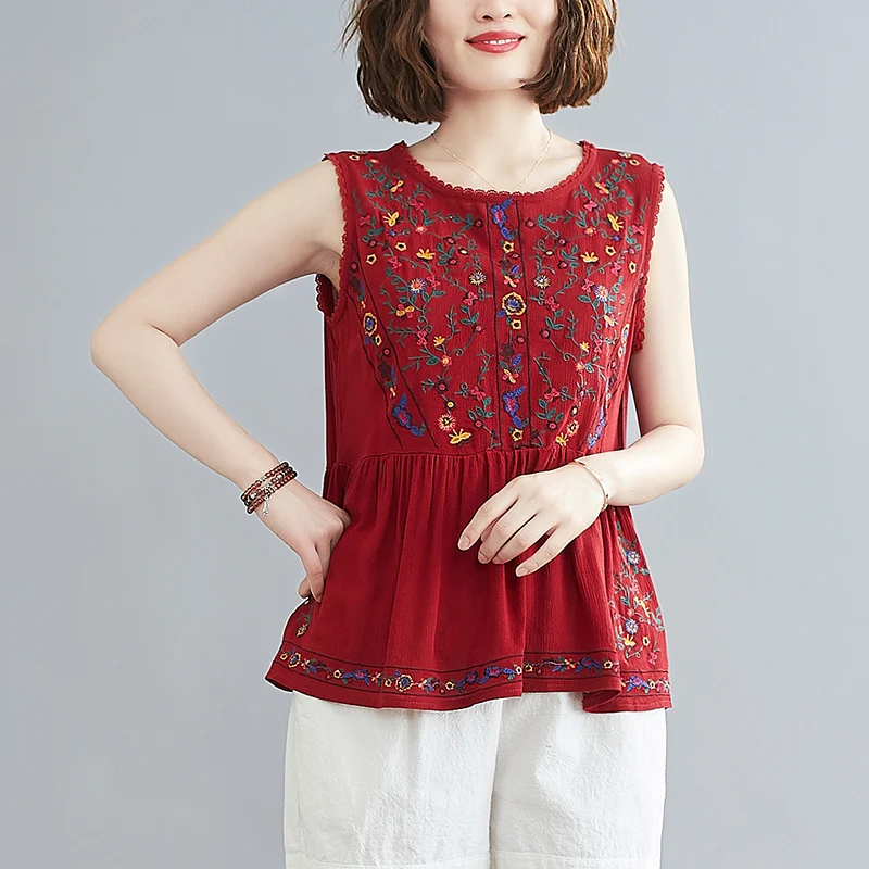 2021 Summer Vintage Floral Embroidery Cotton Blouse Women Tops Sleeveless Ruffle See Through Black Blouses Shirt Vetement Femme