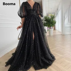 Booma Black Starry Tulle Prom Dresses Sparkly V-Neck Ruched Wedding Party Dresses Half Puff Sleeves Leg Slit A-Line Prom Gowns