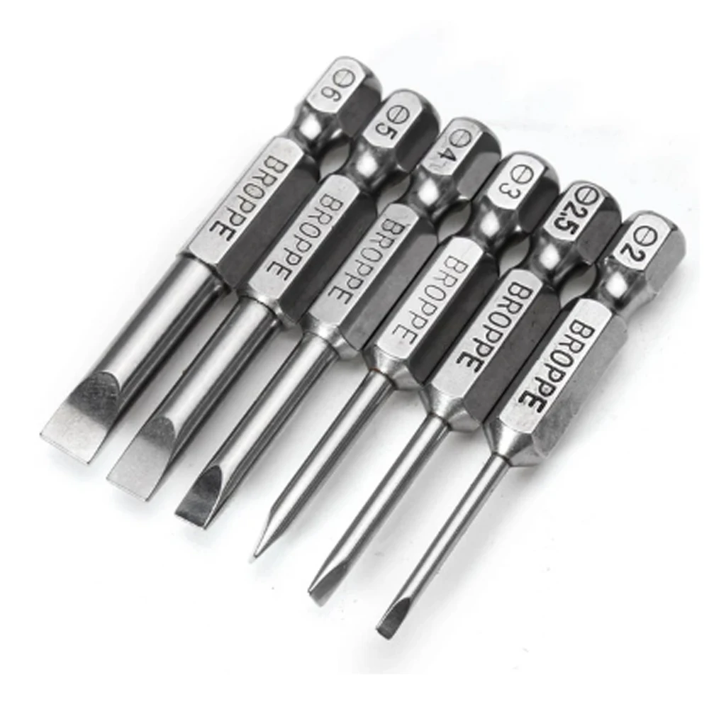 WENXING 6pcs /set 50mm 2 - 6mm Magnetic Flat Head Slotted Tip Screwdrivers Bits S2 Alloy Steel Hand Tools Screwdriver Drill Bit