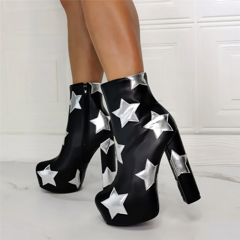 

Bling Silver Star Patchwork Ankle Boots Platform Super Block Heel Boots Fashion Ladies Zip Up Short Bottes