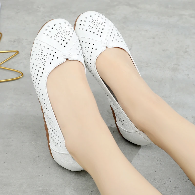 GKTINOO White Genuine Leather Ladies Breathable Summer Shoes Women Flats Slip-On Loafers Round Toe Soft Flat Shoes Casual