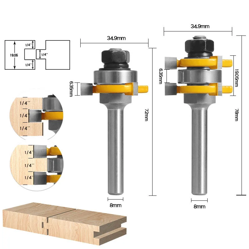 2 Stuks 8Mm Schacht Gezamenlijke Monteren Router Bits Tong & Groef T-Slot Frees Voor Hout Houtwerk snijgereedschap