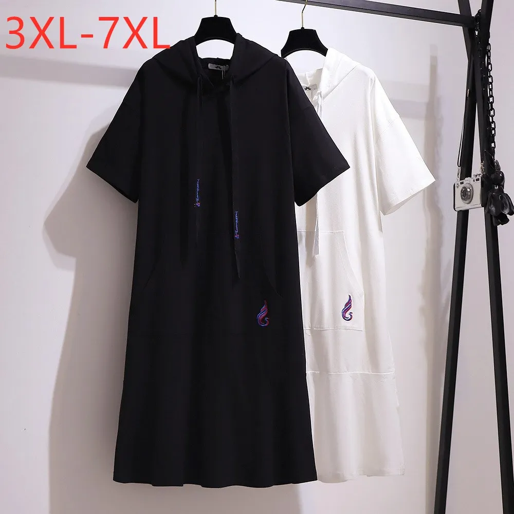 

New 2021 Summer Plus Size Hoodie Dresses For Women Large Loose Short Sleeve Black Cotton Straight Dress 3XL 4XL 5XL 6XL 7XL