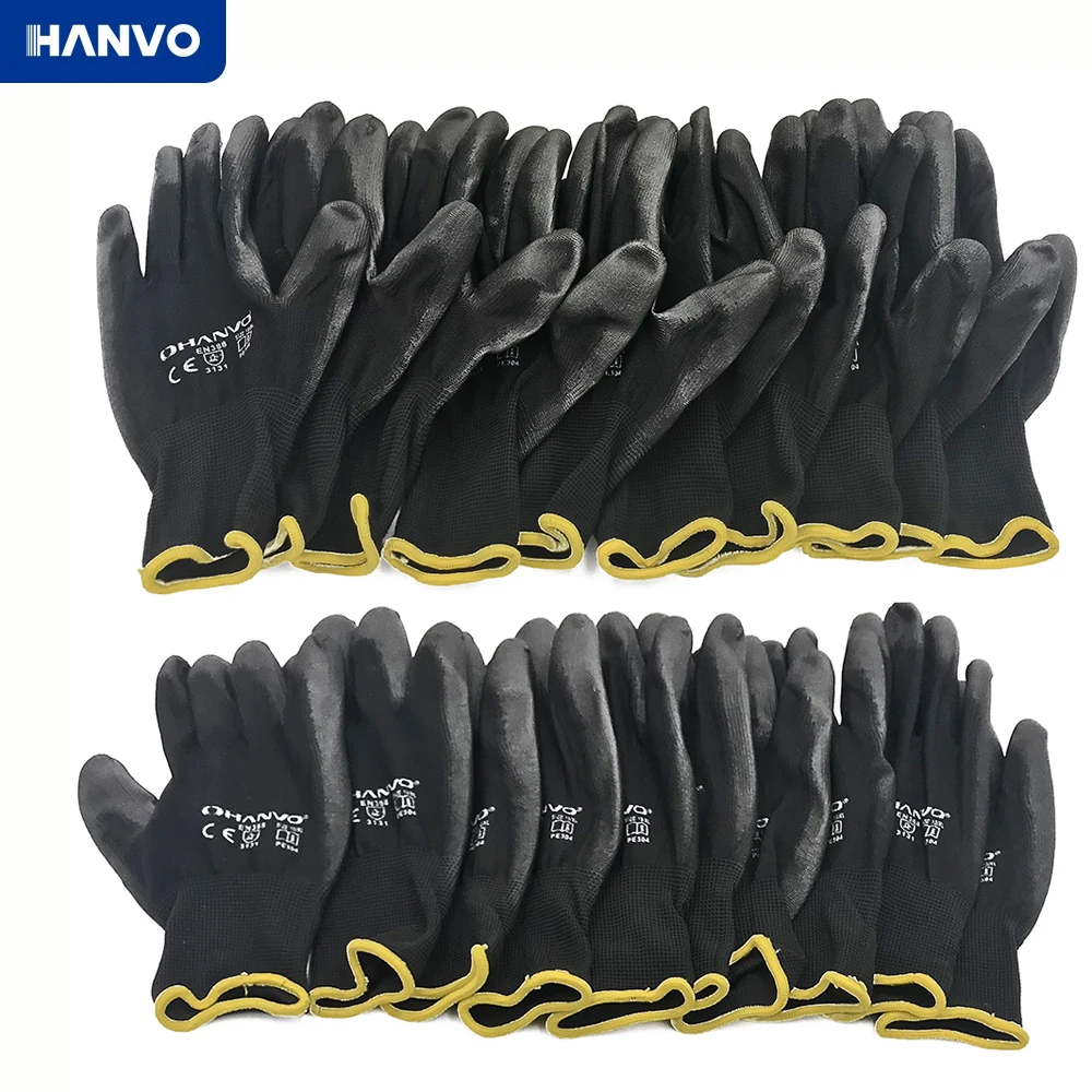 10 pares de guantes de trabajo de algodón y nailon con revestimiento de seguridad de nitrilo PU, guantes recubiertos de palma, guantes de trabajo mecánicos tienen CE EN388