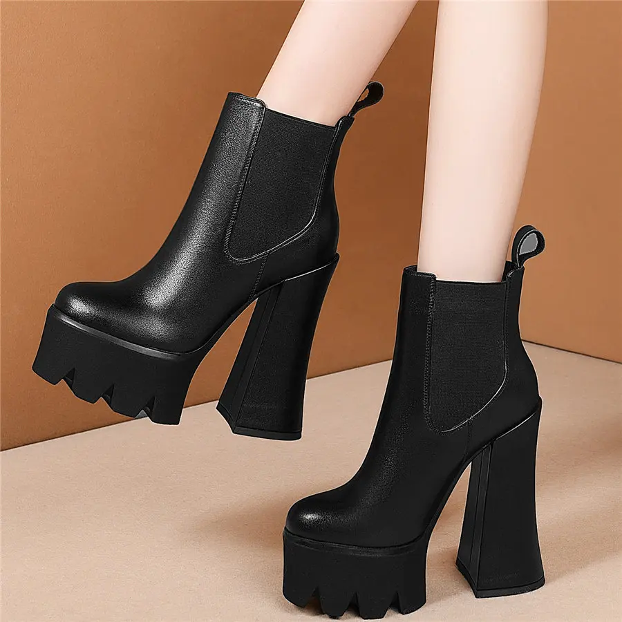 2023 High Top Casual Shoes Women Genuine Leather Super High Heels Motorcycle Boots Female Round Toe Chunky Platform Pumps Shoes