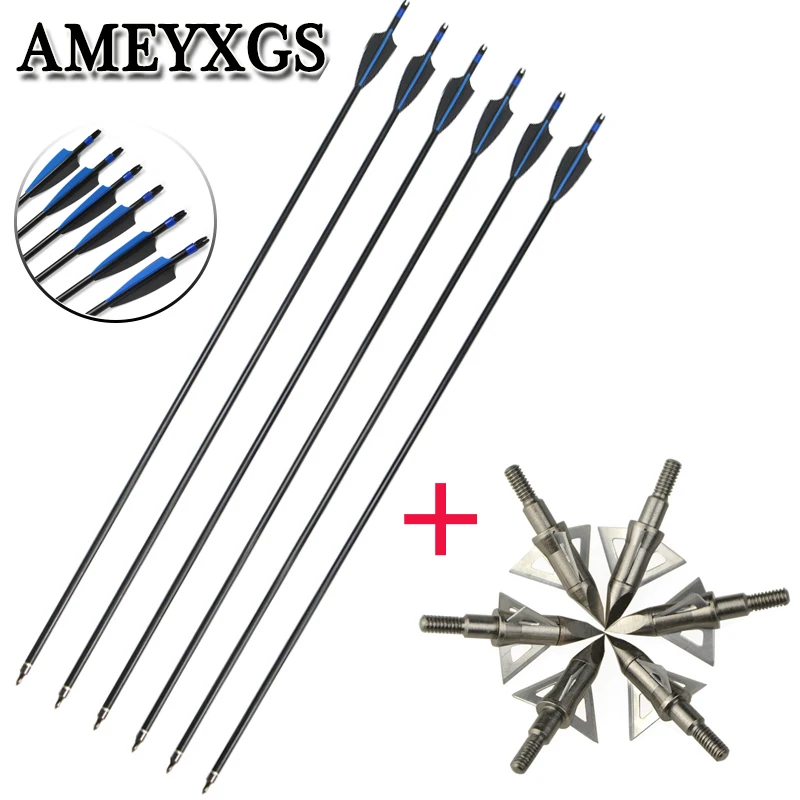 

6pcs Archery Glassfiber Arrow spine 500 Black Plus Broadhead Arrowhead Set Outdoor Hunting Shooting Training Accessories Set