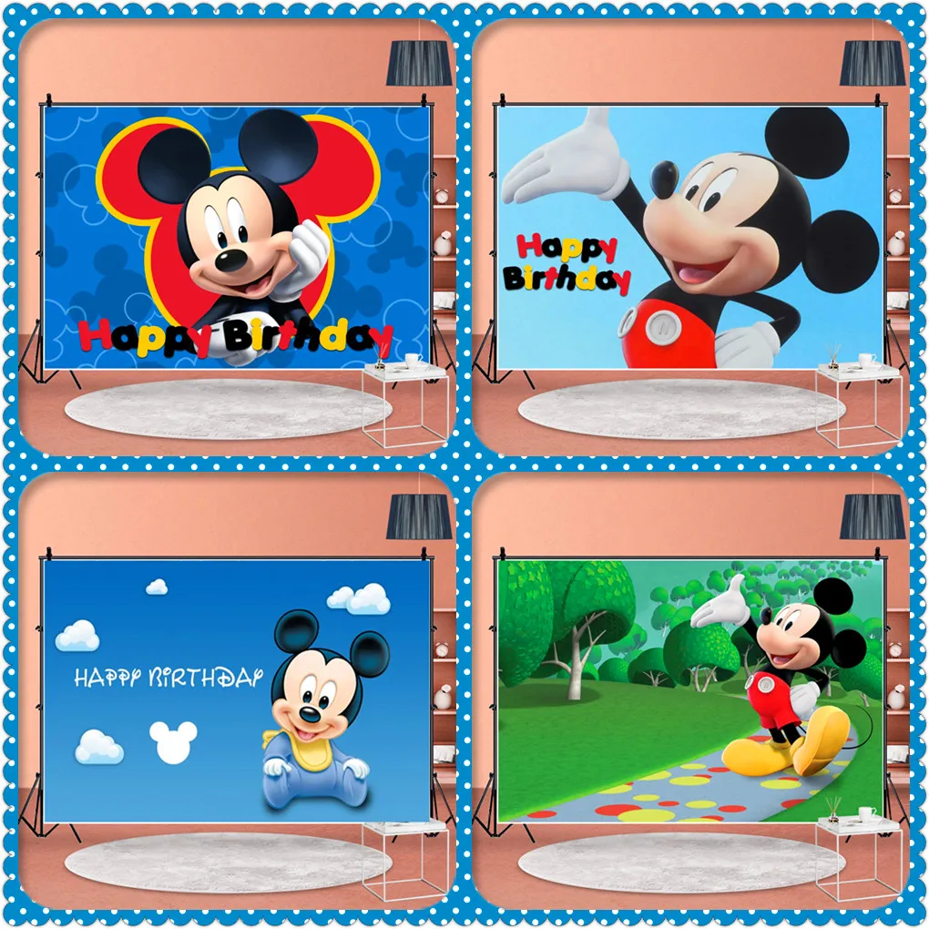 Customize Mickey Mouse Birthday Party Backdrops Cartoon Vinyl Background Backdrops Photography Wall Hanging Party Supplies Decor