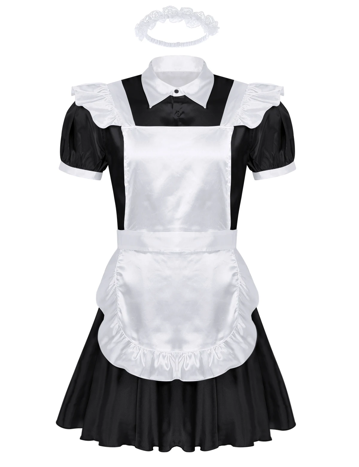 3 Stück Männer Erwachsene Sissy Maid Cosplay Kostüm Outfit Turn-Down Kragen Puff Ärmel vorne Button Down Kleid mit Schürze und Stirnband