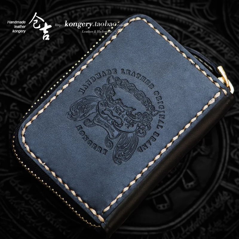 ★★Cangji manual card bag male and female Koi zero wallet zipper foreskin carved organ card bag top leather leather wallet