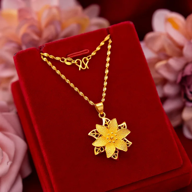 Pure 18K Yellow Gold Necklace Pendant Women Charm Gold Chain Luxury Jewelry for Women Little Flower Pendant for Christmas Gifts