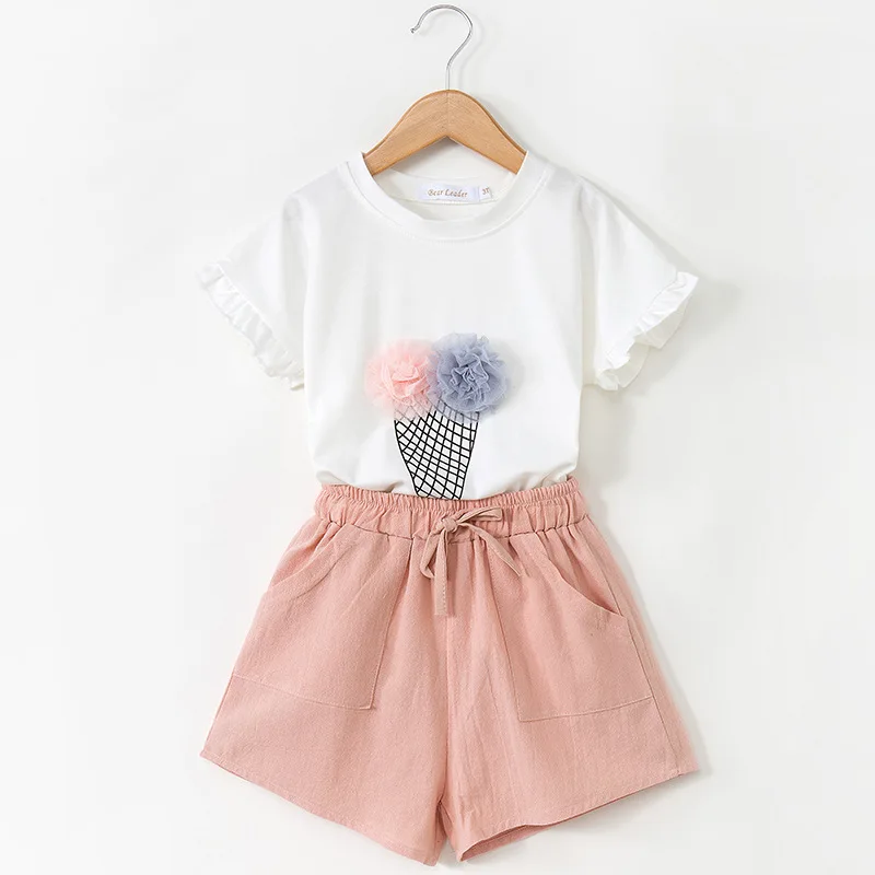 Girls Clothing Set Baby 2pieces Set T-shirt+shorts 2-6 Years Kids Sunmmer Clothing Suits White Ice Cream Tees+ Pink Short Pants