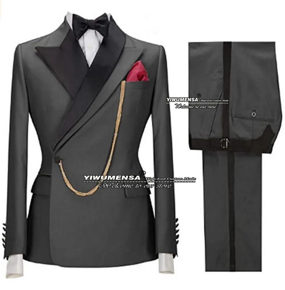 

Grey Men Suits Slim Fit Groom Wear Double Breasted Jacket With Pants 2 Pieces Form Wedding Tuxedos Custom Made Costume Homme