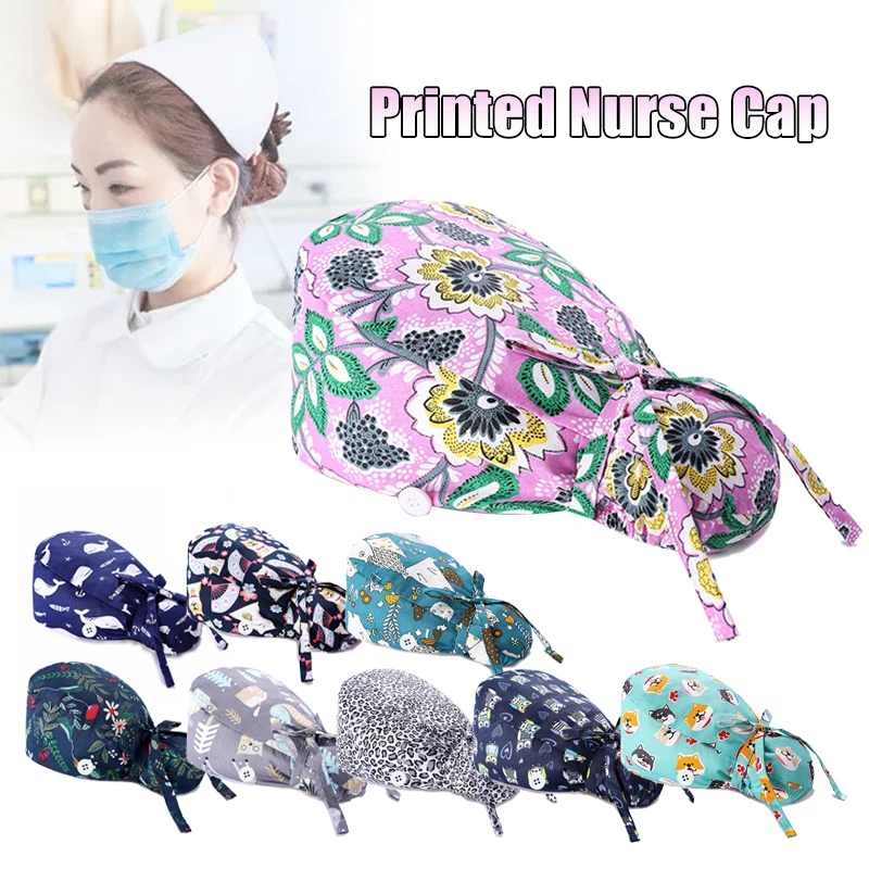 Gorros de pelo largo para mujer, gorro elástico ajustable con estampado para salón de belleza, para trabajo de mascotas, absorbente del sudor, para enfermera y servicio de salud