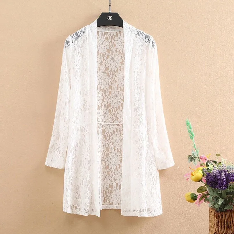 2024 Knitted Sweater Coat Long-Sleeved Lace Cardigan Summer Women Mid-Length Mesh Tops Sun Protection Thin Shawl Coat Female 5XL