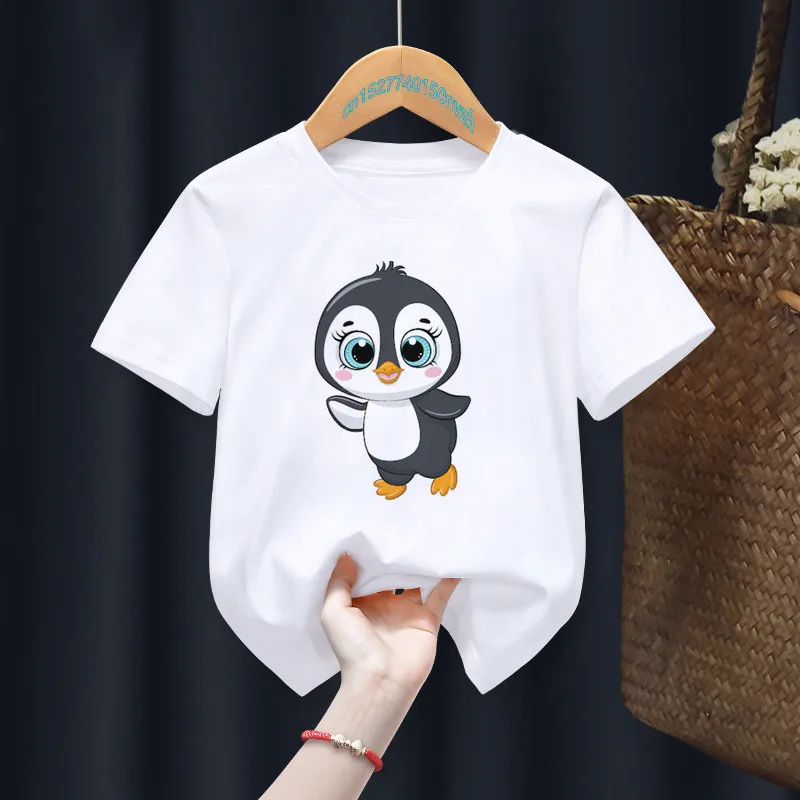 T-shirt bonito do pinguim branco para crianças, desenhos animados engraçados, tops de animais, roupa infantil, presente do menino e da menina, navio