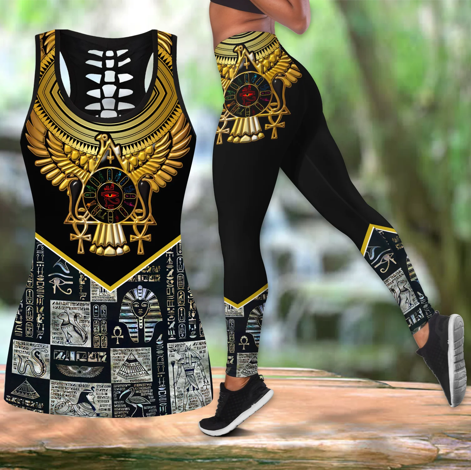 Egyptische Oude Goden Egyptische Horus 3D Gedrukt Hollow Tank Top & Leggings Set Fitness Vrouwelijke Volledige Lengte Leggings LKB-14