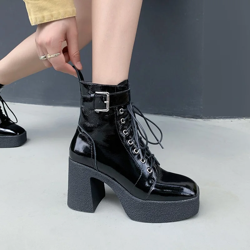 

MEZEREON Platform Ankle Boots Cow Leather Winter Shoes Buckle Decoration Cross-Tied Thick High Heel Girls Footwear Punk Style