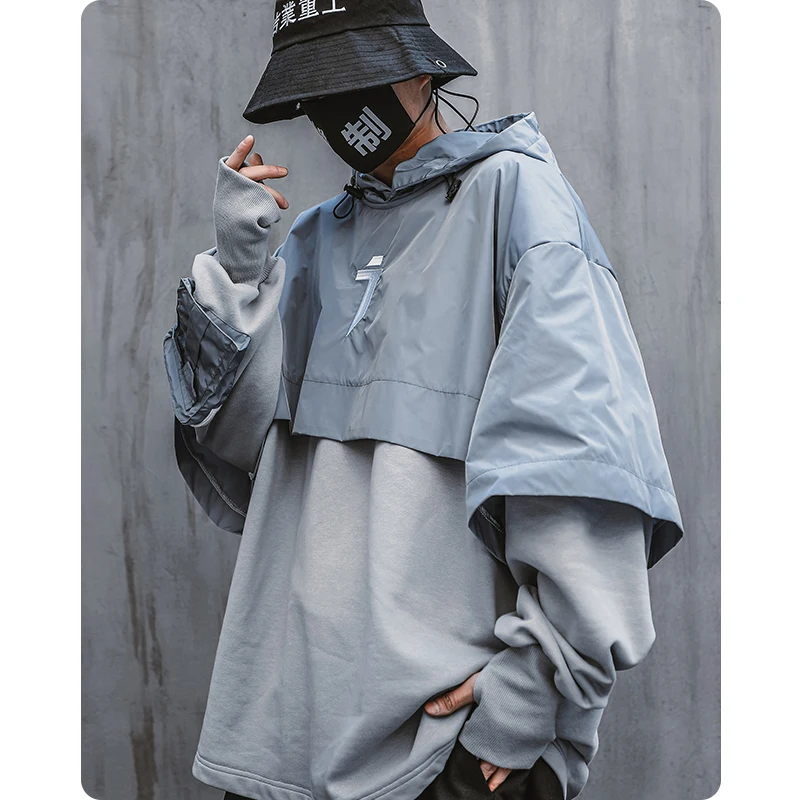 Men\'s clothes Harajuku streetwear oversized Hiphop spring shawl sweater fake two black function loose solid hoodies lover hooded