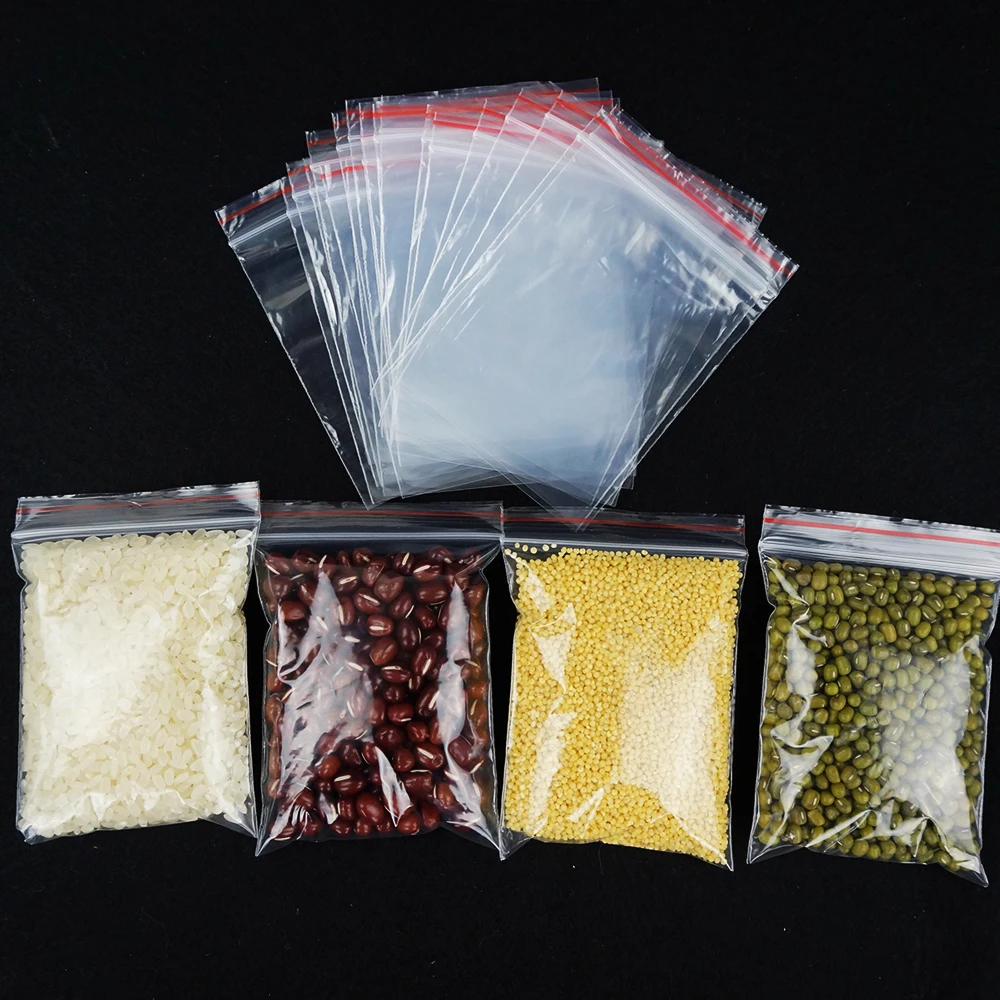 100pcs PE Plastic Ziplock Bags with Red Stripe, Zipper Reusable Transparent Ring/Crystal Packing Pouches Herbal Powder Packaging