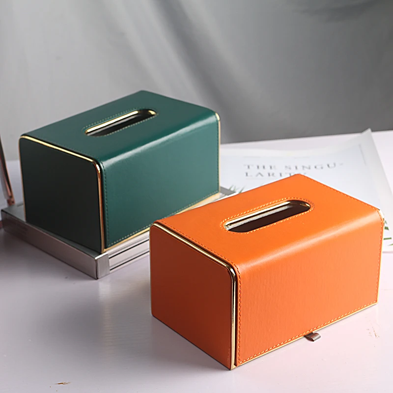 Luxury Style Orange Leather Multi-Function Desktop Tissue Storage Box