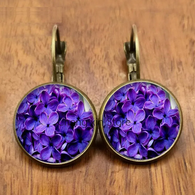 New beautiful purple lavender flowers and plants round glass convex dome earrings jewelry