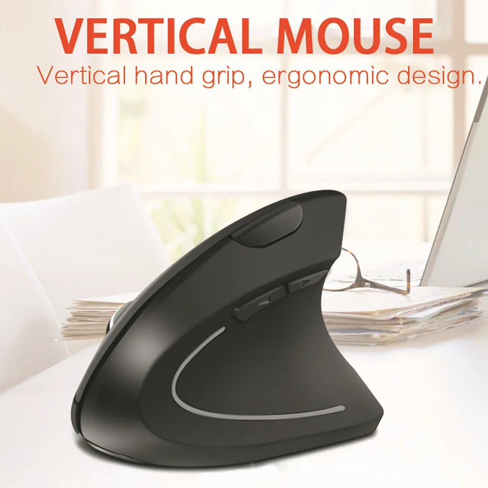 HKXA-ratón Vertical inalámbrico para juegos, periférico ergonómico Vertical para ordenador de escritorio, USB, 1600DPI, para PC, portátil, oficina y hogar