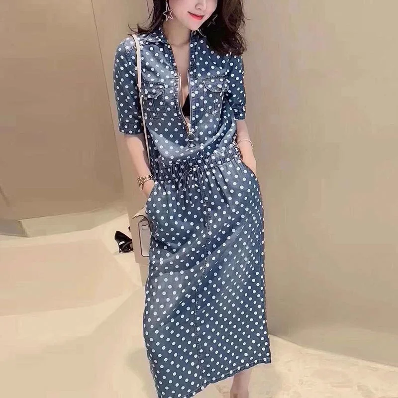 Summer Women Short Sleeve Mid Calf Long Denim Dress Casual Vintage Polka Dots Zipper Sexy Collar Lace Up Slim Fit Jeans Dresses