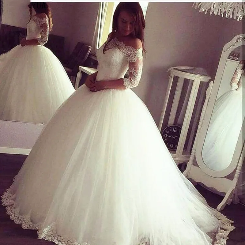 2020 arabo principessa Ball Gown abiti da sposa collo trasparente 3/4 manica Off-the-shoulder Sweep Train Lace Up Plus Size abito da sposa