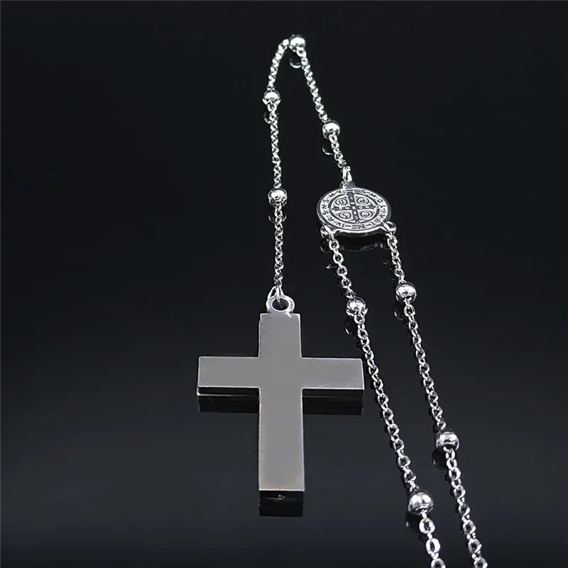 Cross Rosary Catholic Multilayer Necklace Saint Benedict Medal Beads Stainless Steel Silver Color Long Necklaces Jewelry N1172S0