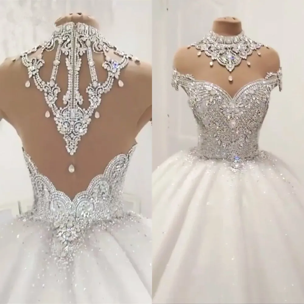 Luxury Dubai Empire Wedding Dresses 2024 Crystal Beaded Puffy Bridal Gowns Vintage See Thru Back Wedding Gowns Robe De Mariee