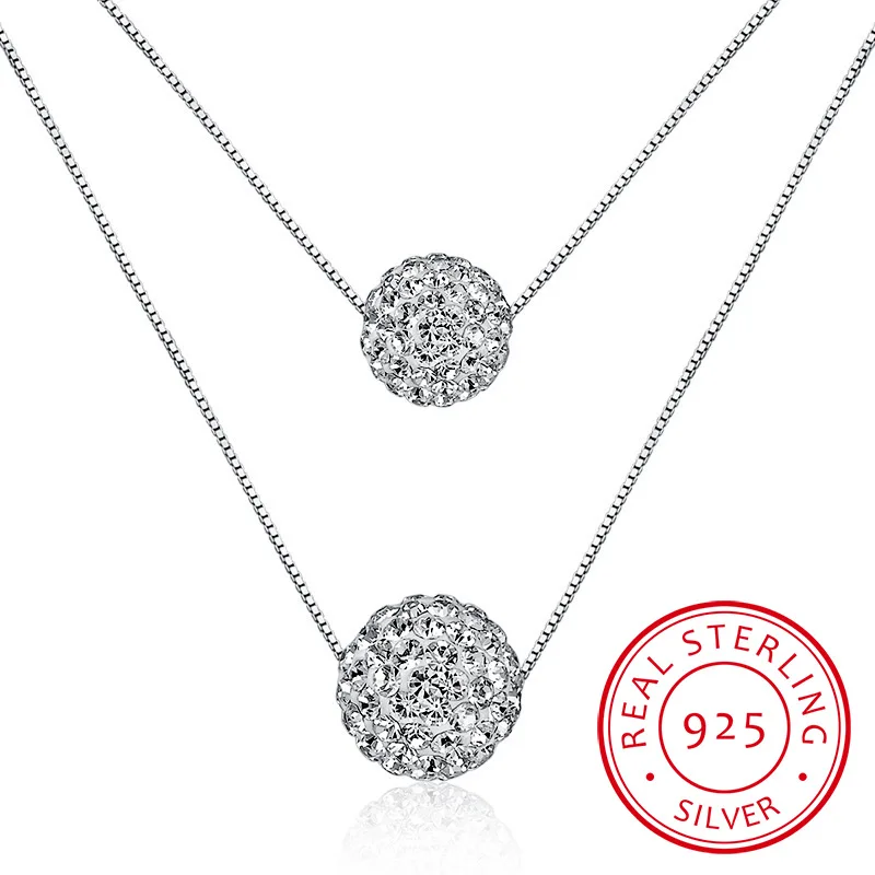 925 Sterling Silver Double Layer Shiny CZ Zirconia Crystal Lucky Ball Pendant Necklace For Women Gift collares de Prata S-N58