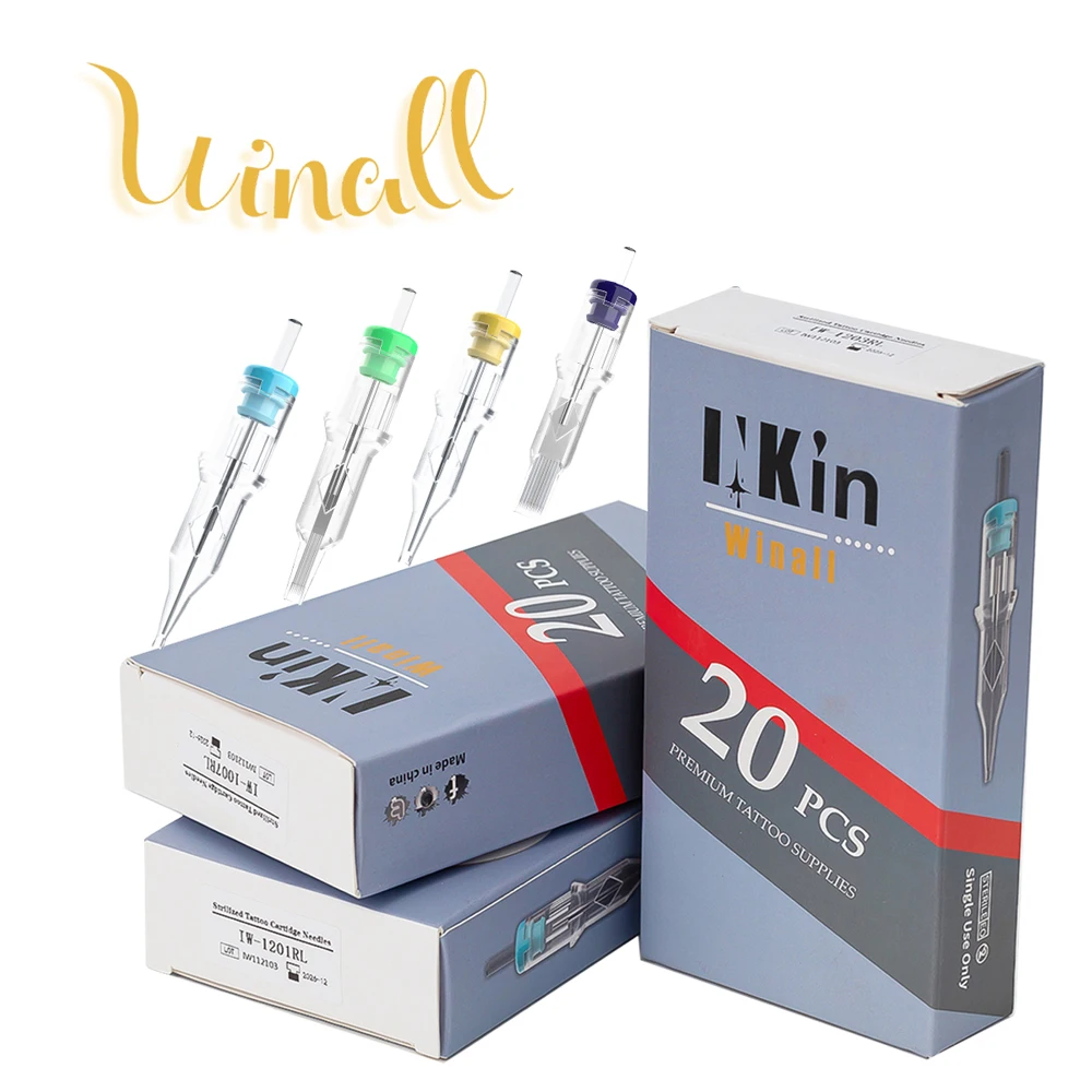 INKIN Winall Jarum Tato Kartrid RL RS M1 RM Liner Shader #12 (0.35 MM) #10 (0.30) untuk Genggaman Mesin Pena Putar 20 Buah/Boks