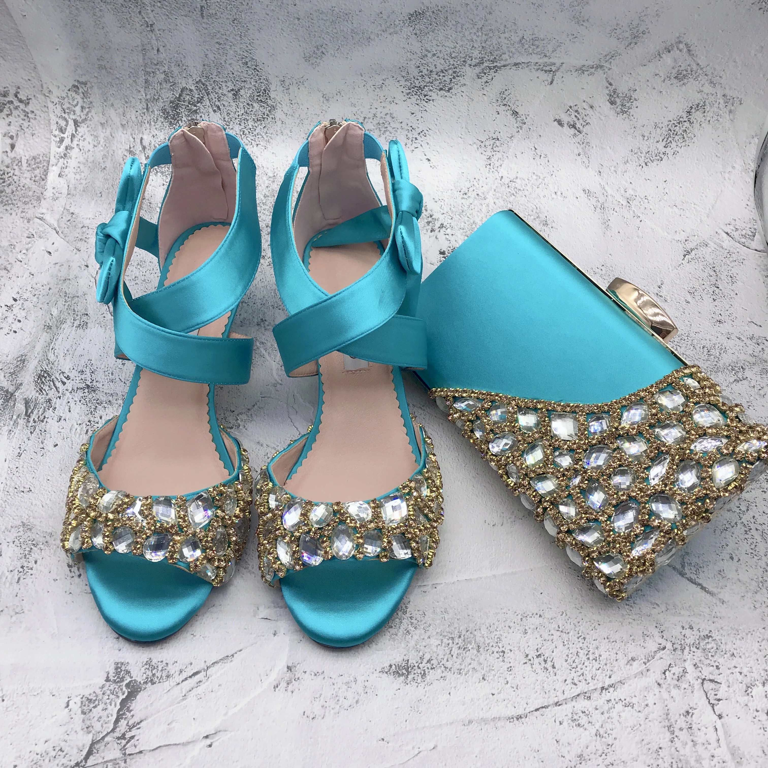 BS1432 Customizable Different Heel  Bridal Wedding Shoes Women High Heel Sandals Turquoise   Rhinestone Shoes with Matching Bag