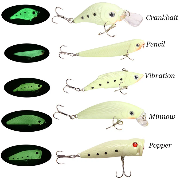 YUCONG 1PX Luminous Fishing Lure 7cm-9cm Glow Popper Minnow Crankbait VIB Pencil Wobblers Hard Artificial Bait Pike Pesca Isca