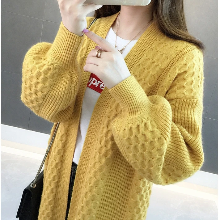 

Women Long Sweater and Cardigans Lantern Sleeve Loose Knitte Coat Open Stitch Winter Cashmere Cardigans Female Coat