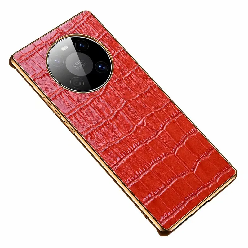 Shockproof Full Protective Genuine Leather Crocodile Case Cover for Huawei Mate 30 Pro 40 RS Gold TPU Frame