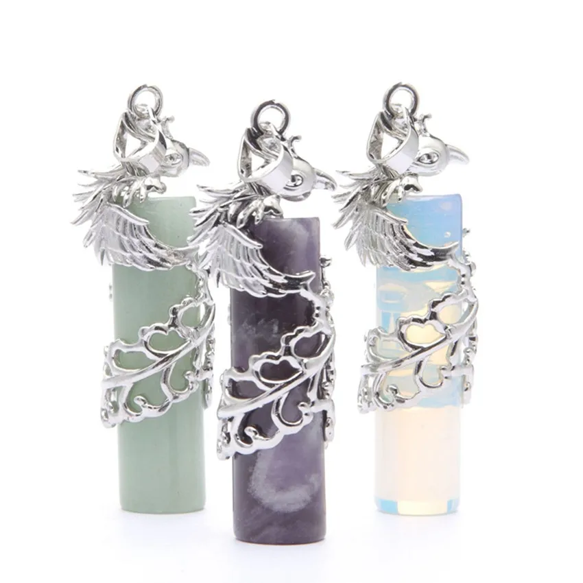 FYJS Unique 10 Pcs Silver Plated Chinese Phoenix Wrap Many Colors Quartz Stone Cylinder Pendant Classic Style Jewelry