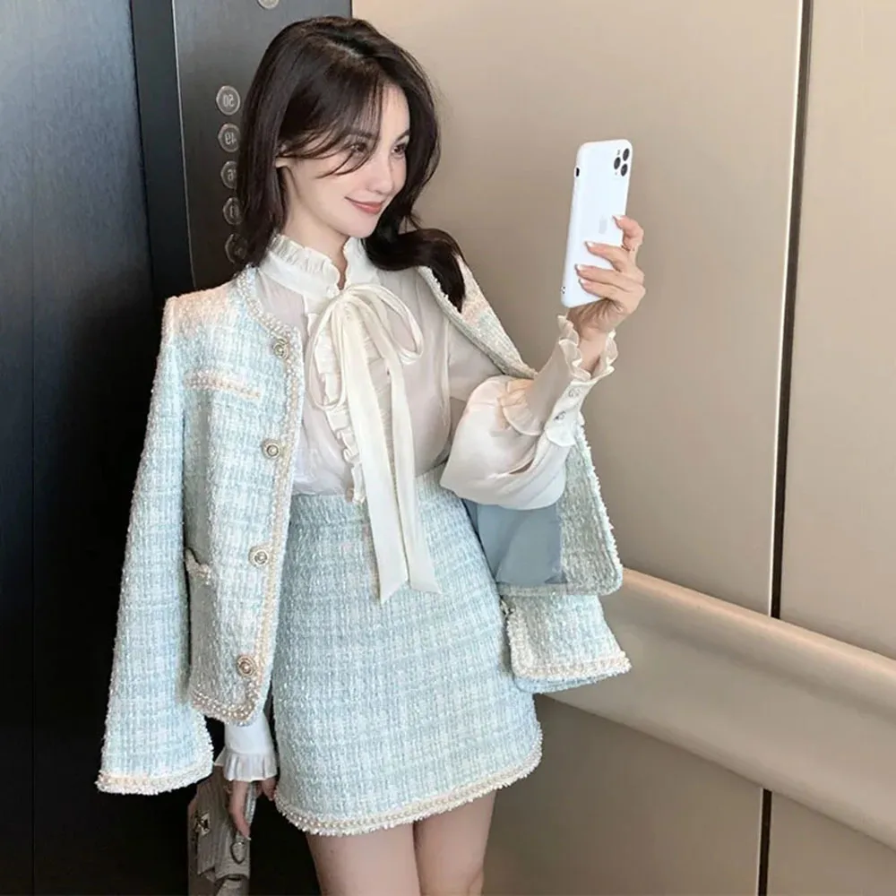 French Autumn Winter Lady Small Fragrance Wind Set 2021 New All-match Tweed Jacket Female Temperament Short Skirt Two-piece Suit