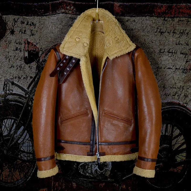 Vintage Classic Real Fur Brown Pilot Jacket Men Winter Wool Liner Genuine Leather Motorcycle Jackets Shearling Sheepskin Coat