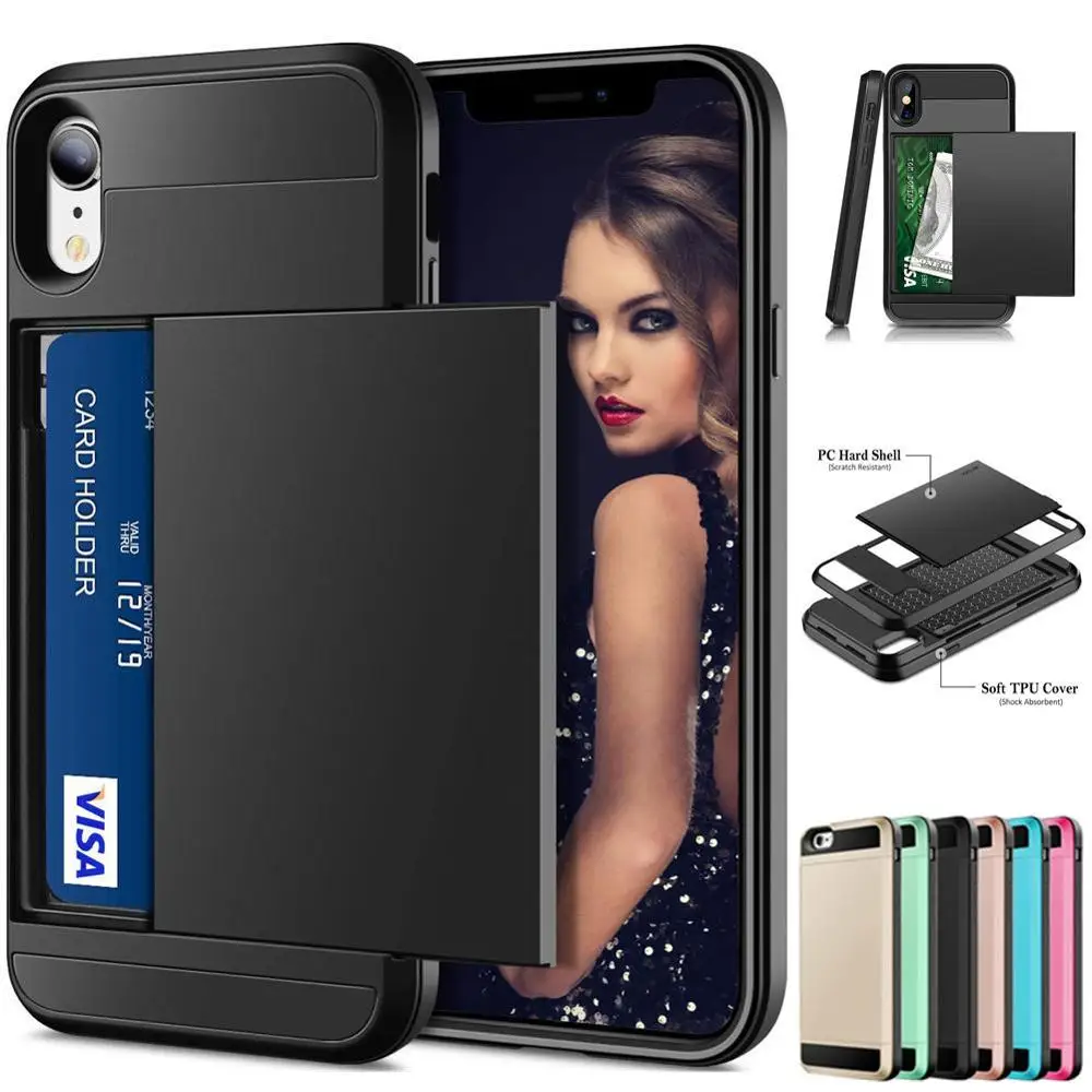 Hybrid Armor Case for iPhone XR 8 7 6 6S Plus Wallet Case Card Holder Shockproof Rubber Bumper Cover for iPhone X 10 6 6S Case