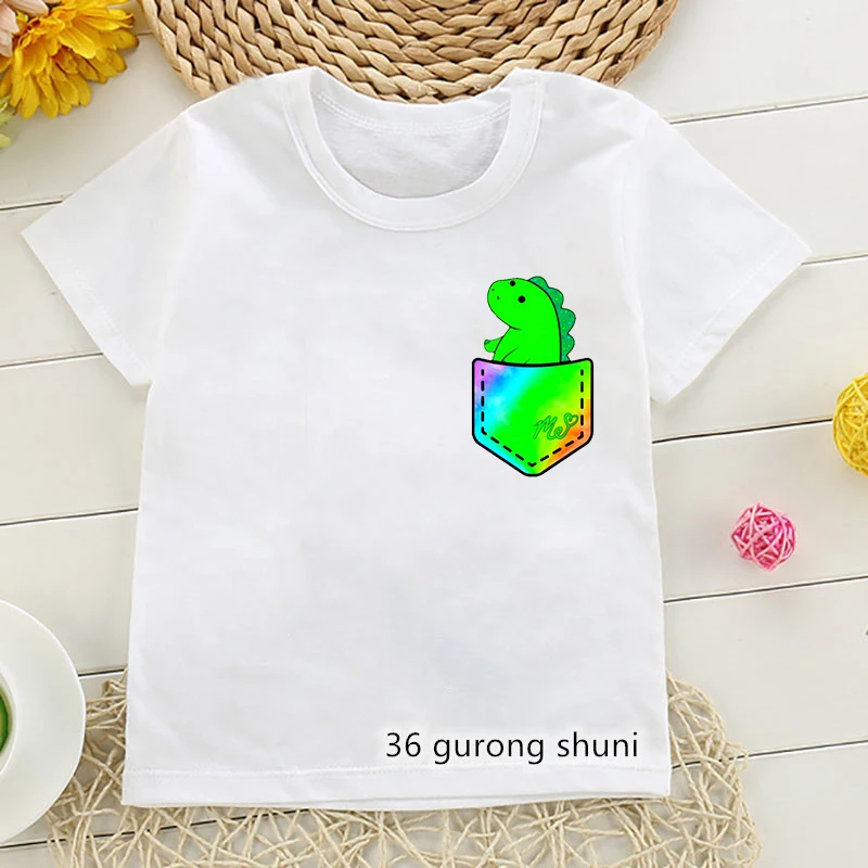 T-shirt blanc pour enfants, vêtement amusant, imprimé de dinosaure, animal, mignon, pour garçon, été, 2021