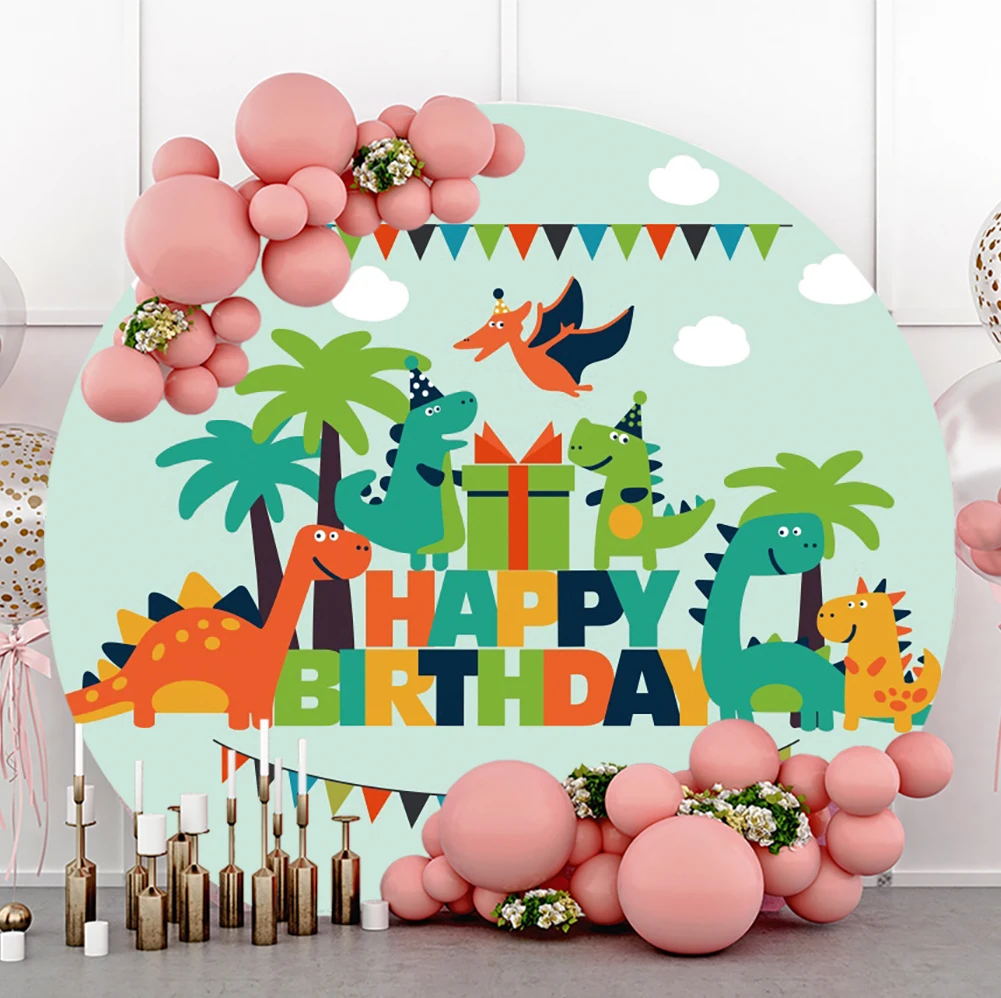 

Laeacco Cartoon Dinosaur Baby Birthday Custom Round Polyester Backdrop Photographic Photo Background For Photo Studio