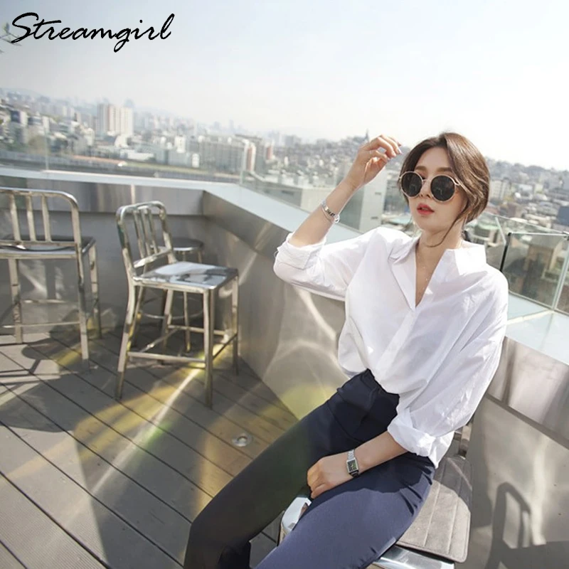 Streamgirl Loose White Shirt Women Spring Autumn Casual Loose White Blouse For Women Cotton Boyfriend Shirts Long Sleeve Tops