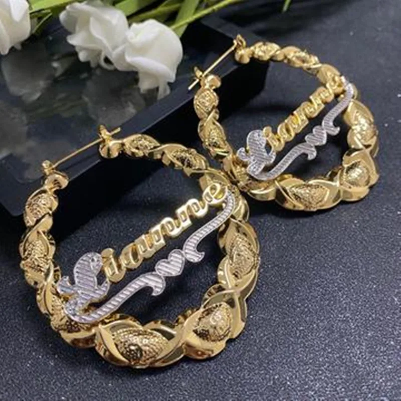 3UMeter Hiphop Sexy Custom Bamboo Hoop Earring XOXO Personalized Name Earring 3D Bamboo Style Custom Earrings for Christmas Gift