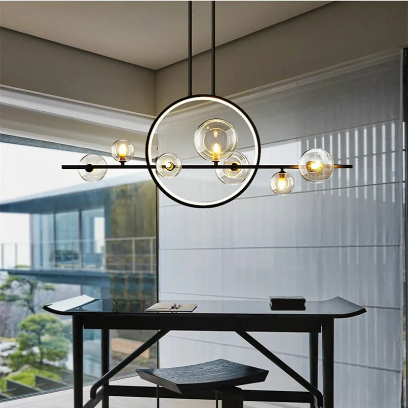 Modern Design Chandelier Long Glass Ball LED Living Dining Room Kitchen Bar Ceiling Home Decoration Interior Lighting Black Lamp