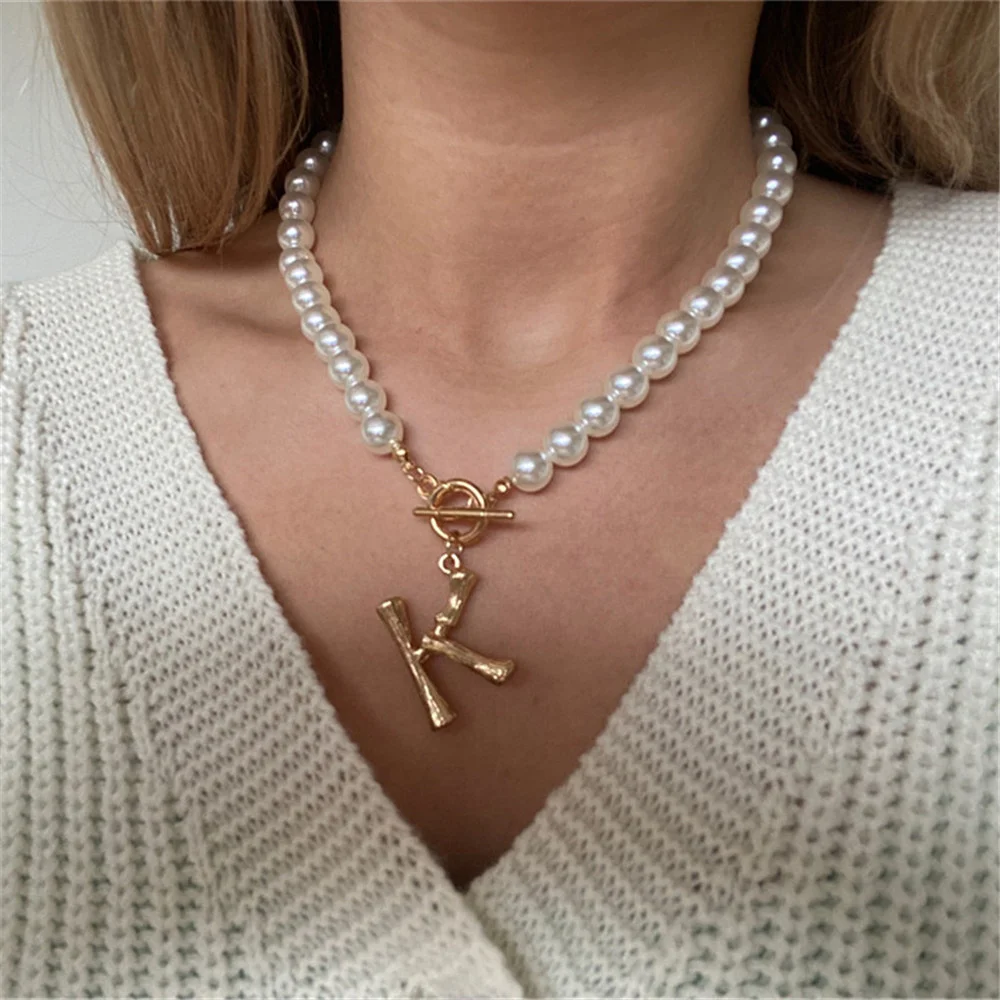 Women Pearl Necklace Chain A B C D E F G H I J K L M N O P Q R S T U V W X Y Initial Neckalce Gold Color Bamboo Letter Choker